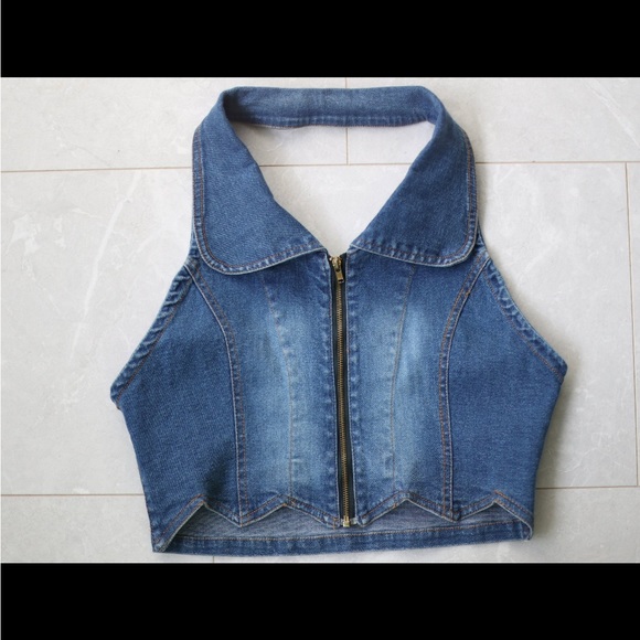 Y2K Vintage blue denim open back scallop hem crop vest top - Picture 3 of 6